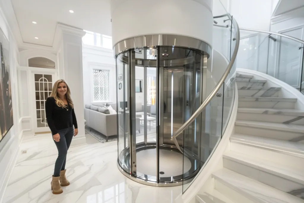 A circular home lift with glass doors and a steel staircase