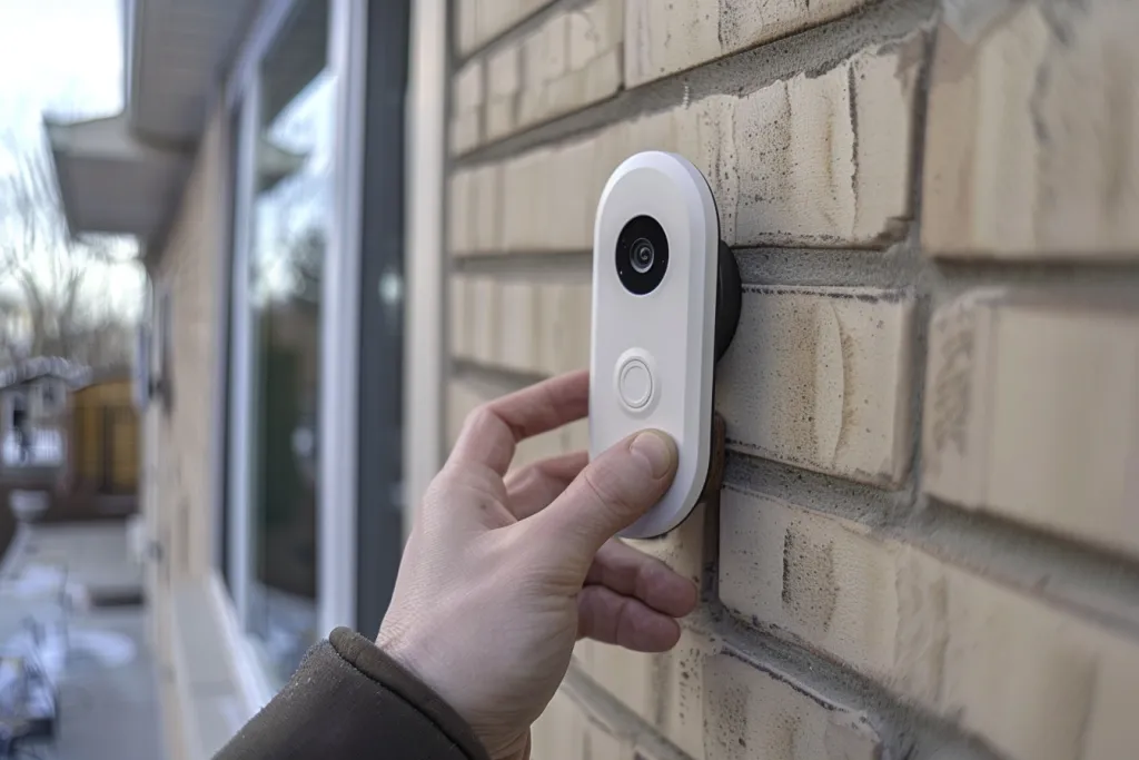 A close-up shot of a hand holding an outdoor doorbell