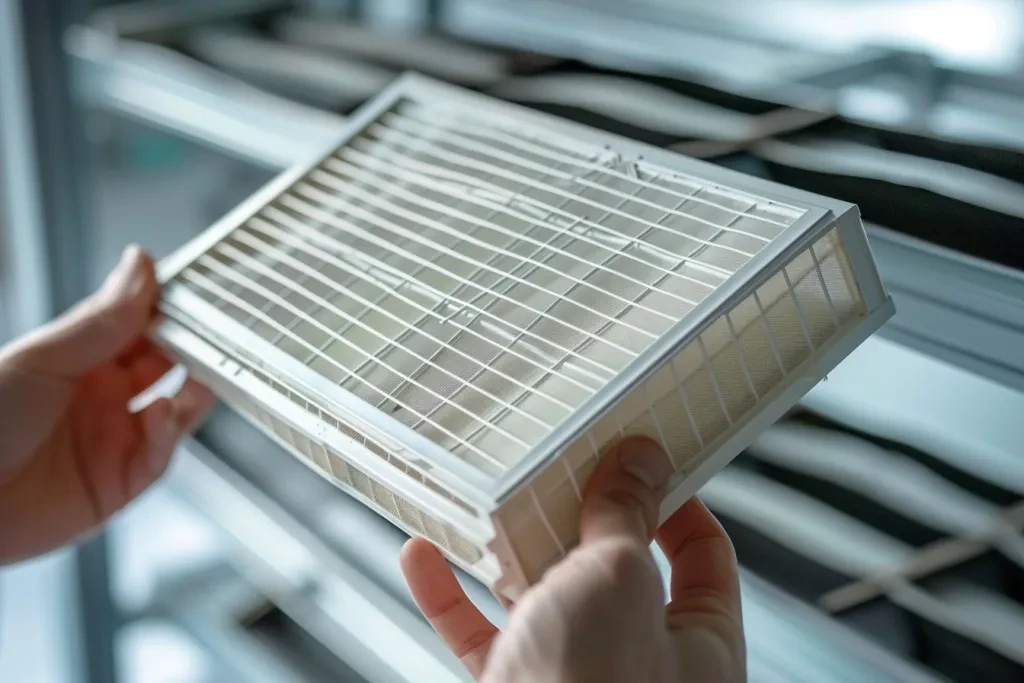 A closeup of an empty air filter being cleaned