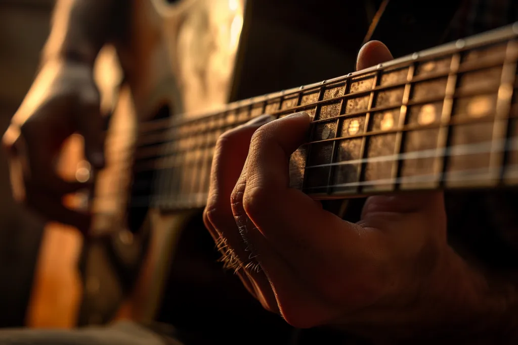 A closeup of hands playing an acoustic guitar