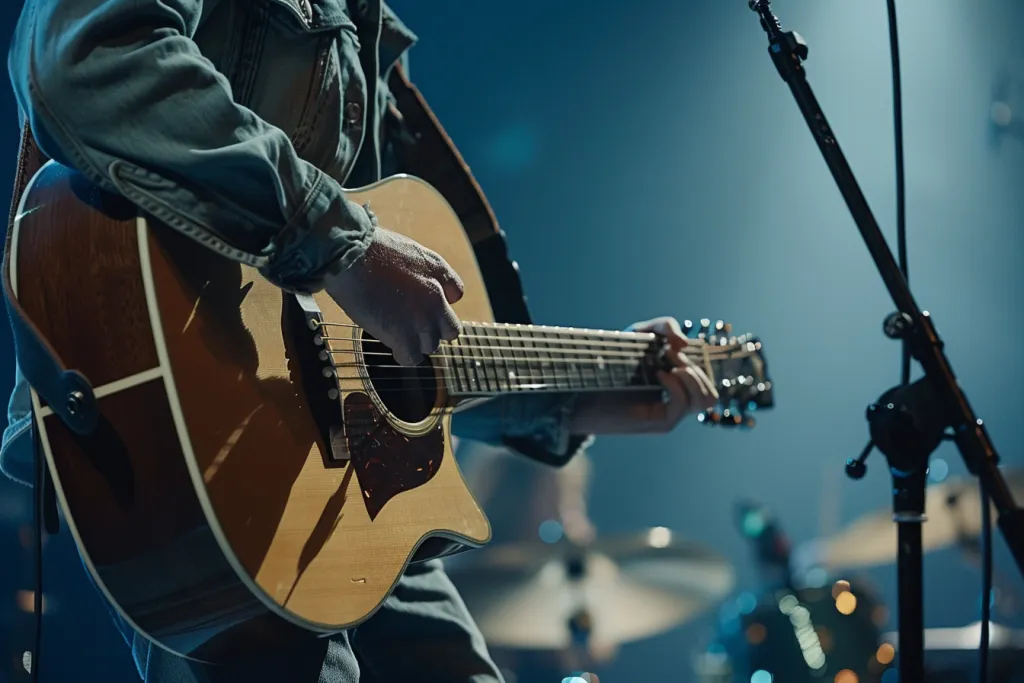 A closeup shot shows an acoustic guitar in the hands of an artist on stage
