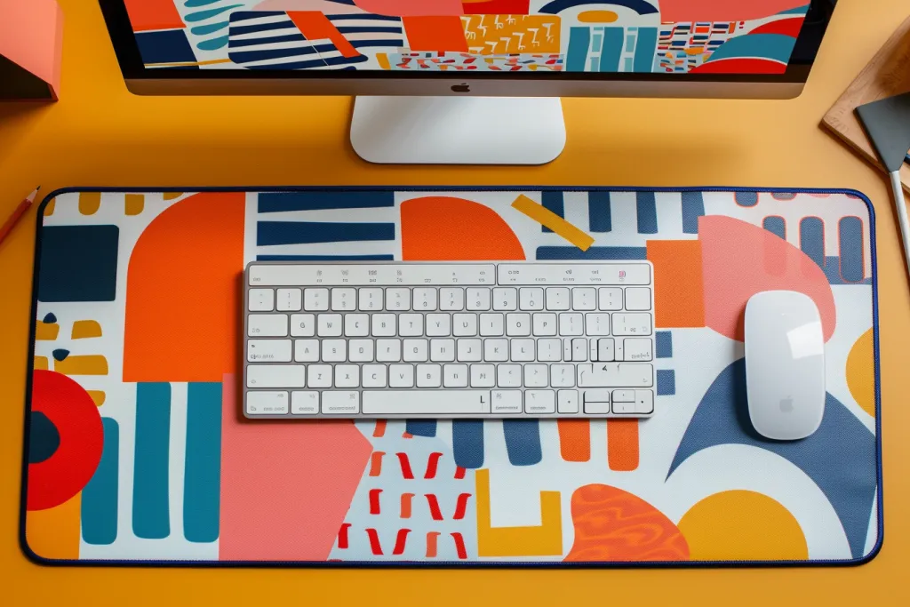 A colorful patterned mouse pad with a retro design