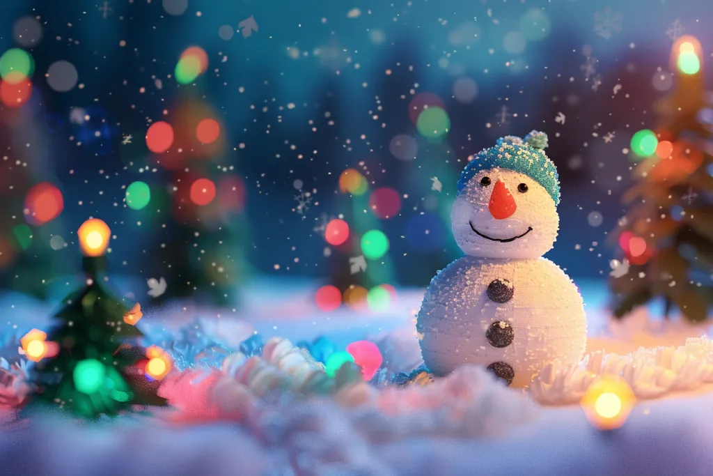A cute snowman is playing in the white snowy field