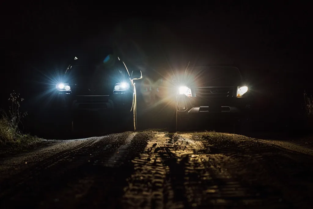 A dark night scene with the headlights of two cars