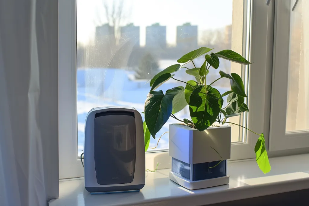 A dehumidifier is placed on the windowsill
