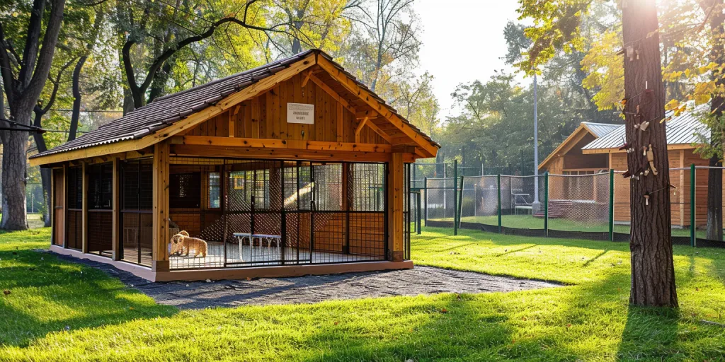 A dog house with an open area for dogs to play in and run around