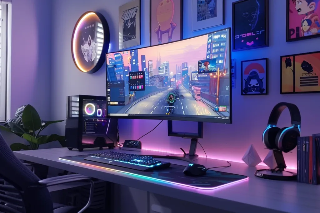 A gaming setup featuring an ultra thin desk with black wood