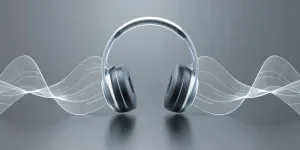 A graphic of sound waves coming out from the ear cup and in front