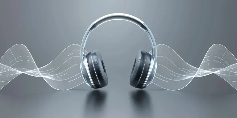 A graphic of sound waves coming out from the ear cup and in front