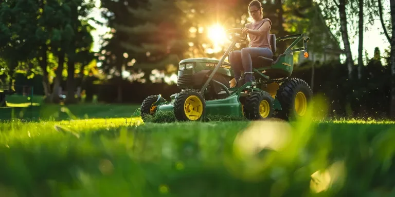 A green John Deere riding lawn mower mowing grass in a yard near trees