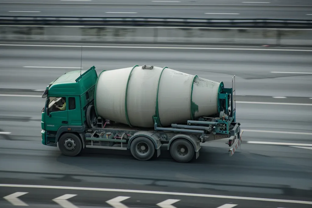 A green cement truck is driving on the highway