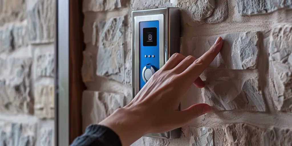 A hand is pressing the large blue button on an indoor ring doorbellA hand is using the doorbell camera