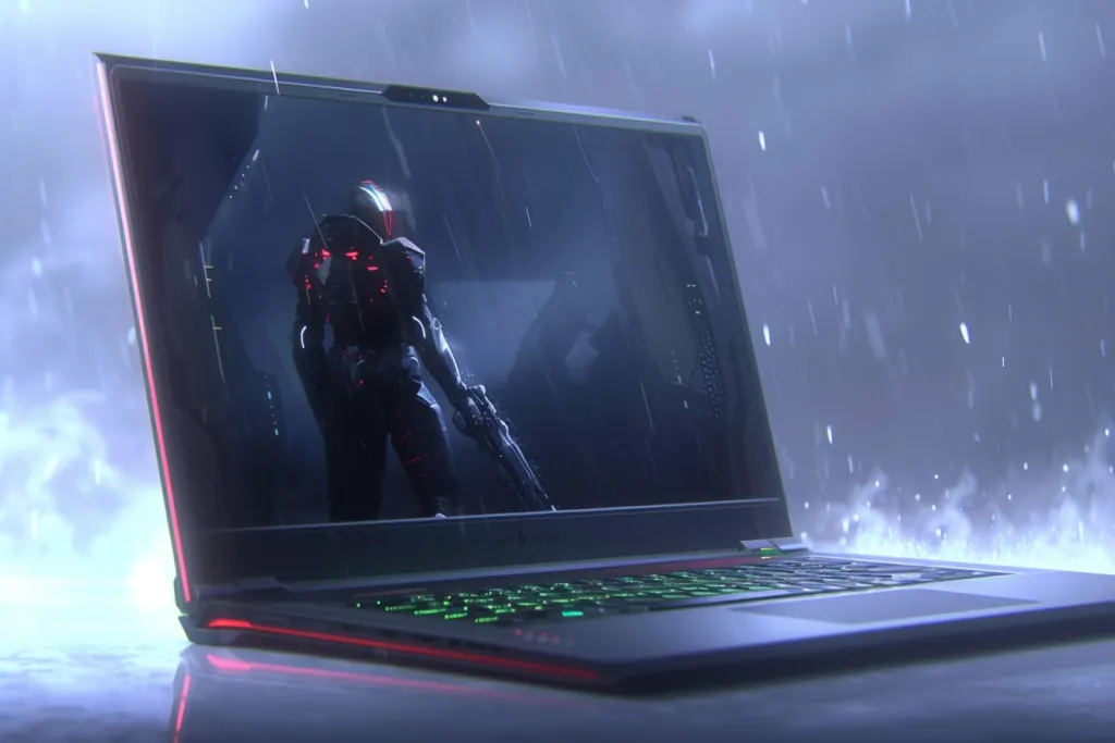 A high-end gaming laptop with its screen open