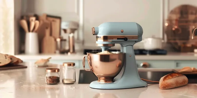 A kitchen mixer in pastel blue and copper