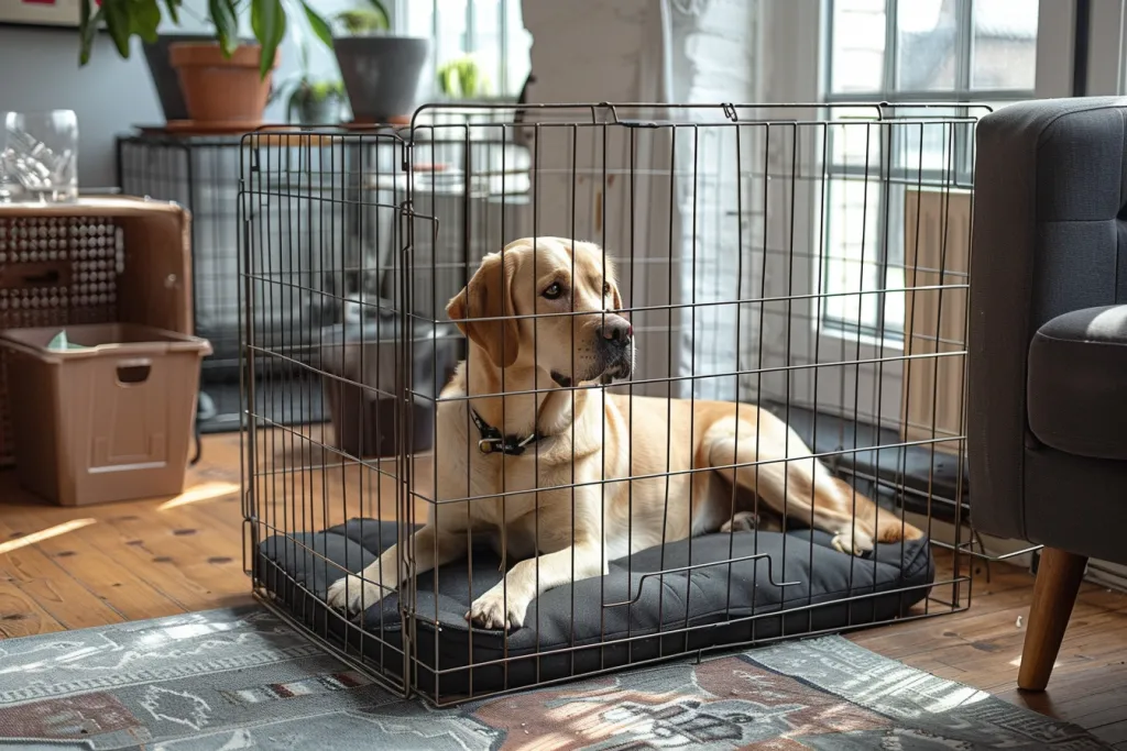 A large dog cage with a yellow labrador inside