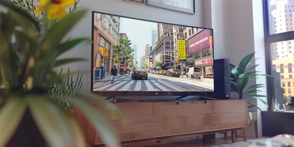 A large flat screen television sitting on top of a cabinet