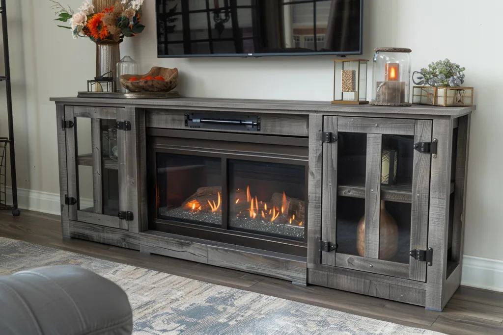 A large grey wooden TV stand with an electric fireplace
