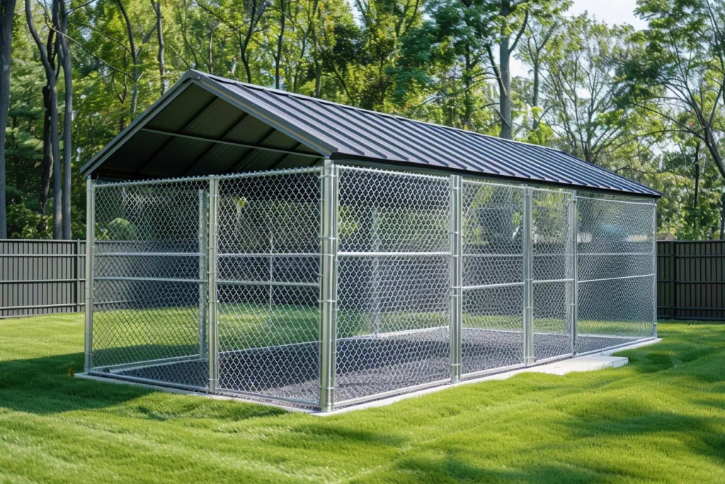 A large outdoor dog pen with an extra thick silver chain link fence and roof