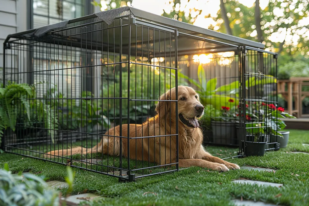 A large outdoor dog pen with black wire mesh