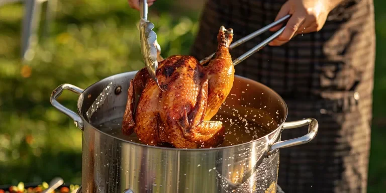 A large silver metallic deep fried turkey inside
