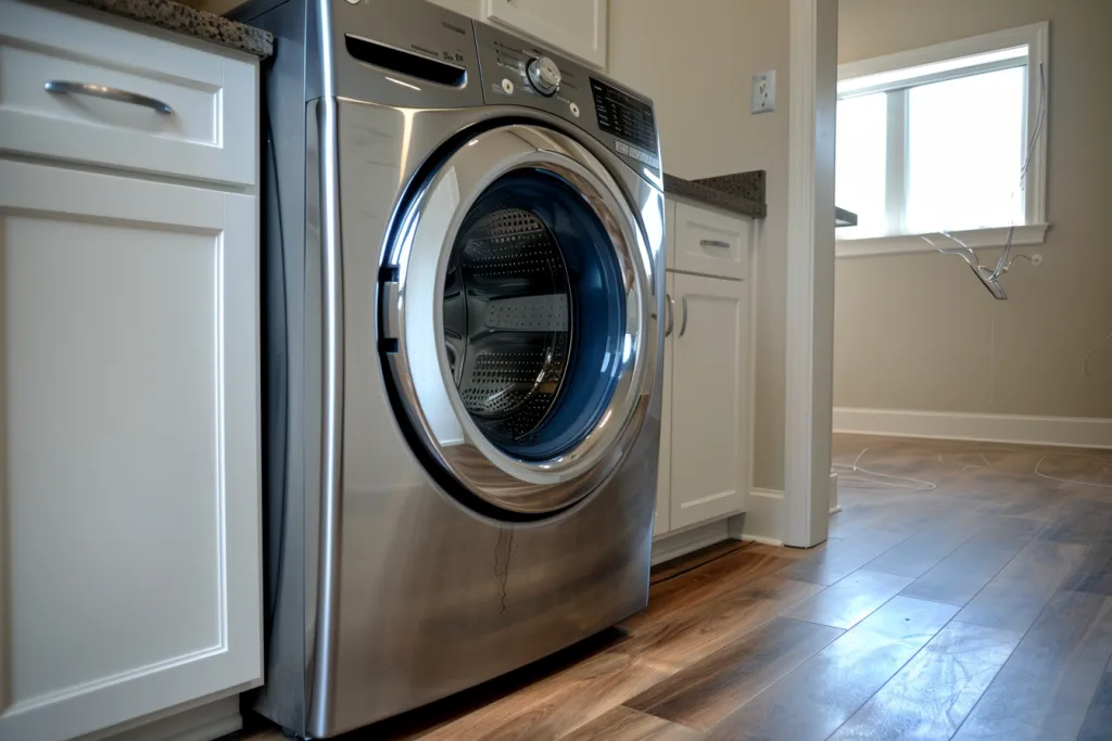 A large silver washing machine is sitting in the corner of an empty room with light wood floors