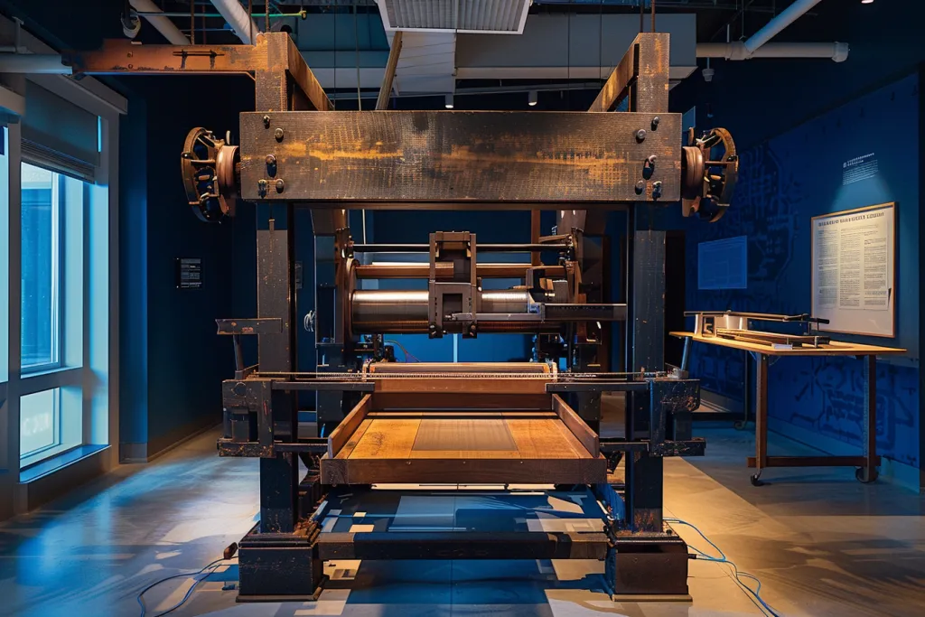 A large printing press made of dark wood