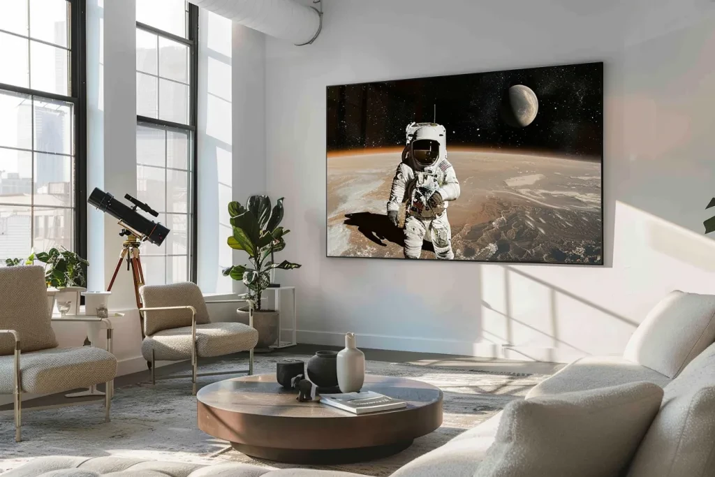 A large wall mounted TV in the center of an open plan living room