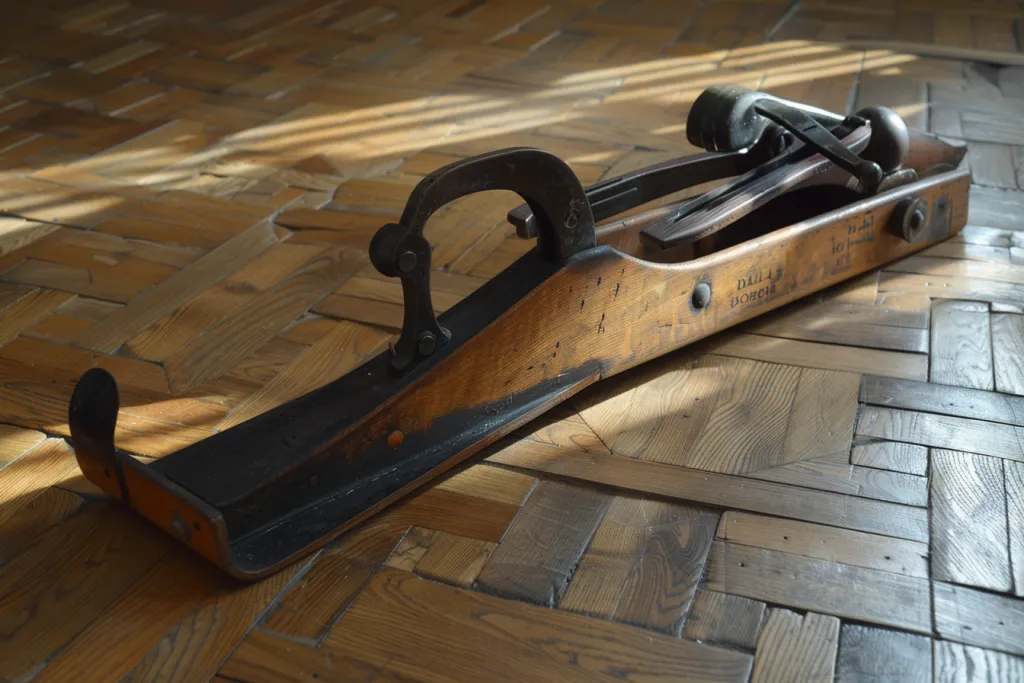 A large wooden plane with an open mouth lies on the floor of parquet