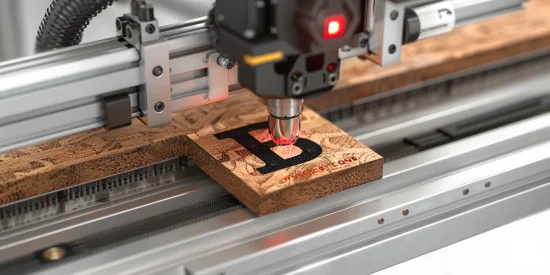 A laser engraver with wood and metal material on the table