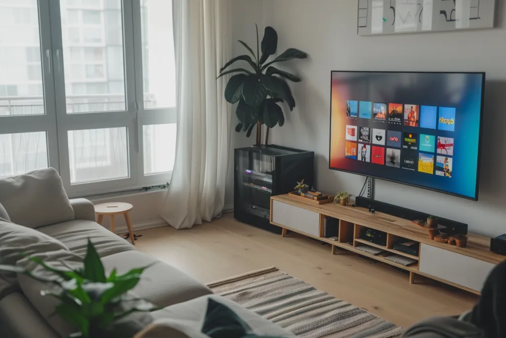 A living room with a sofa, tv