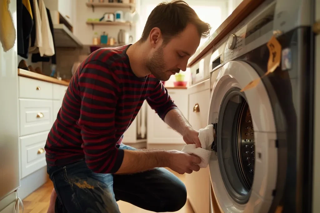 a man is kneeling down to clean the washing machine door with a rag
