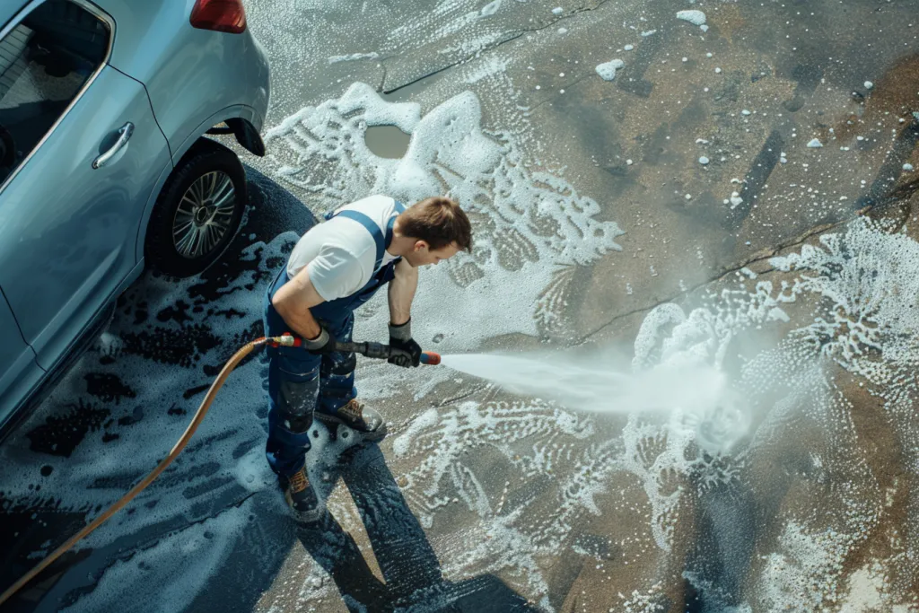 A man in overalls and boots is washing the car with high pressure water