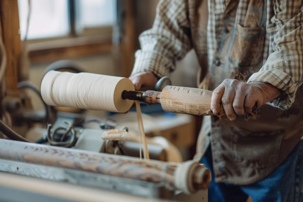 A man is using an old fashioned wooden lathe