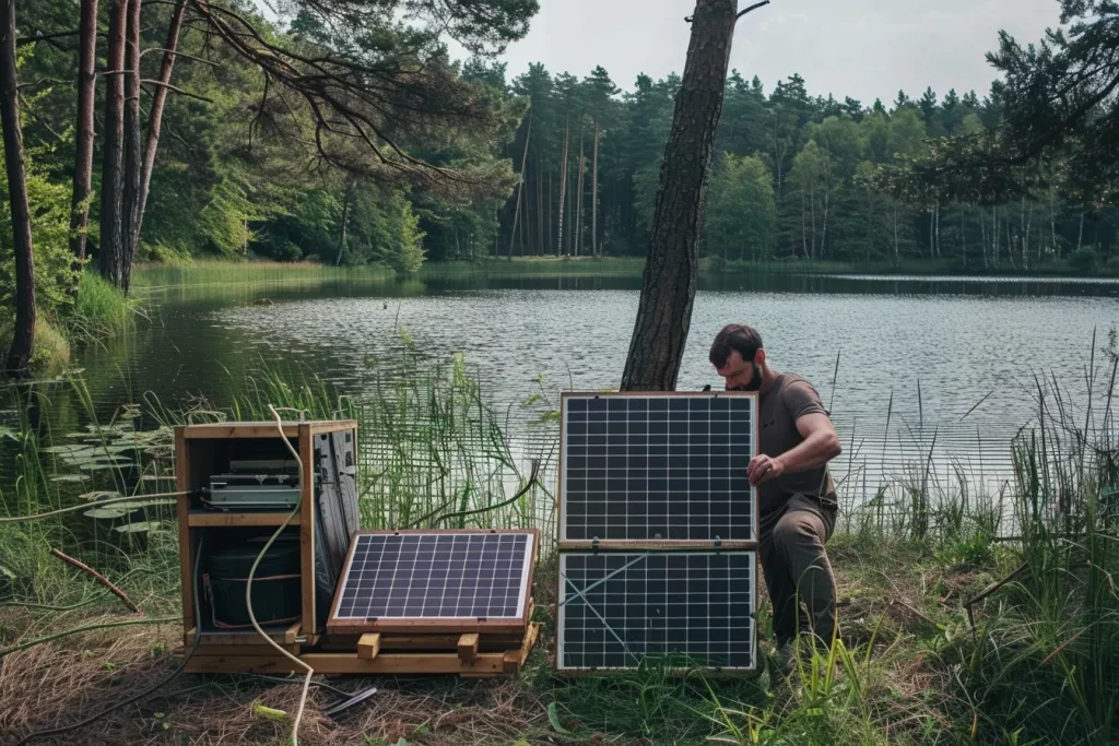 Un hombre utiliza una máquina para cortar madera para fabricar paneles solares en la orilla de un lago.