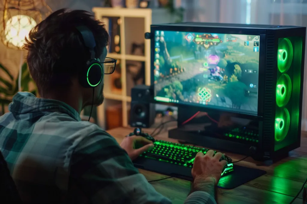 A man playing a game on his gaming computer with green lights