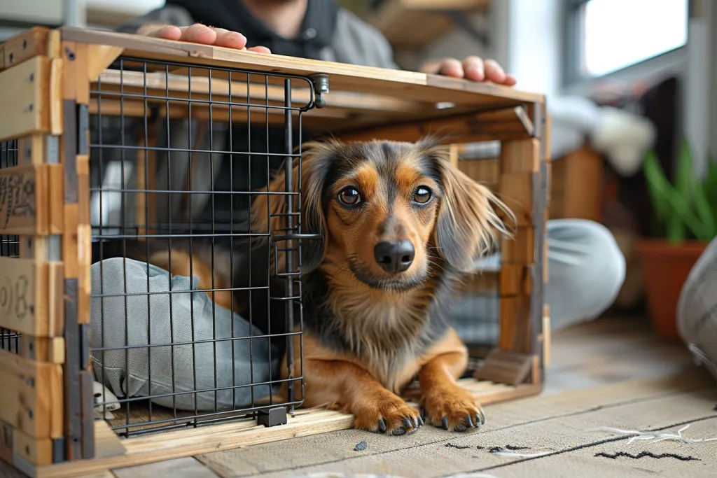 A man sits on the floor, holding his hand over an open wooden dog cage