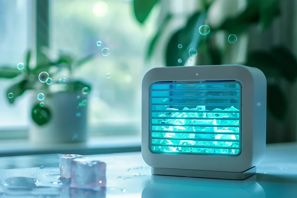 A mini air conditioner with blue glow
