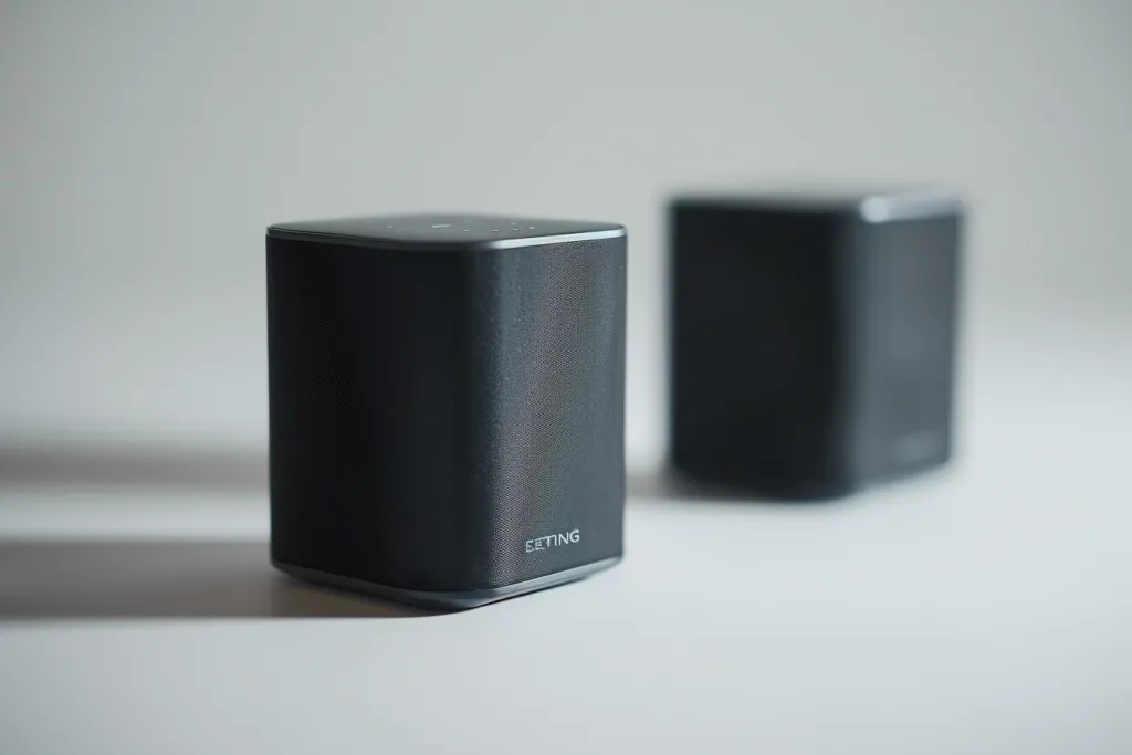 A pair of small black speakers