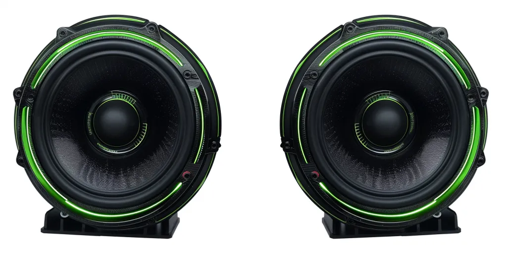 A pair of subwoofers with green accents