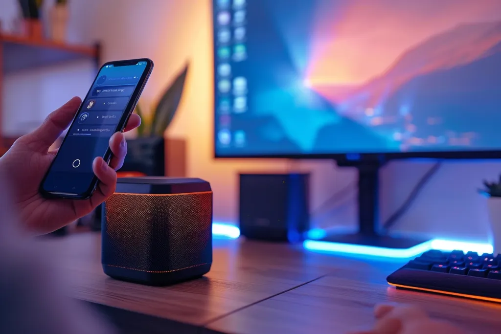 A person is holding an iPhone in one hand and has the speaker on their desk