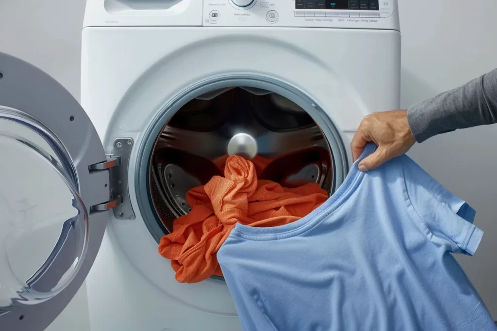 A person is putting into a washing machine with an open door
