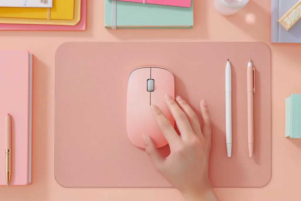 A person is using the pink wireless mouse on top of an office desk mat