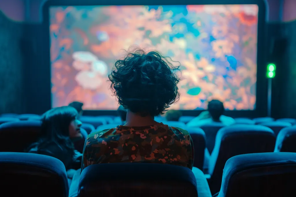 A person sitting in the front row of an movie theater
