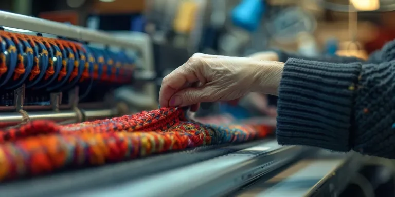 A person using knitting machine to knit fabric