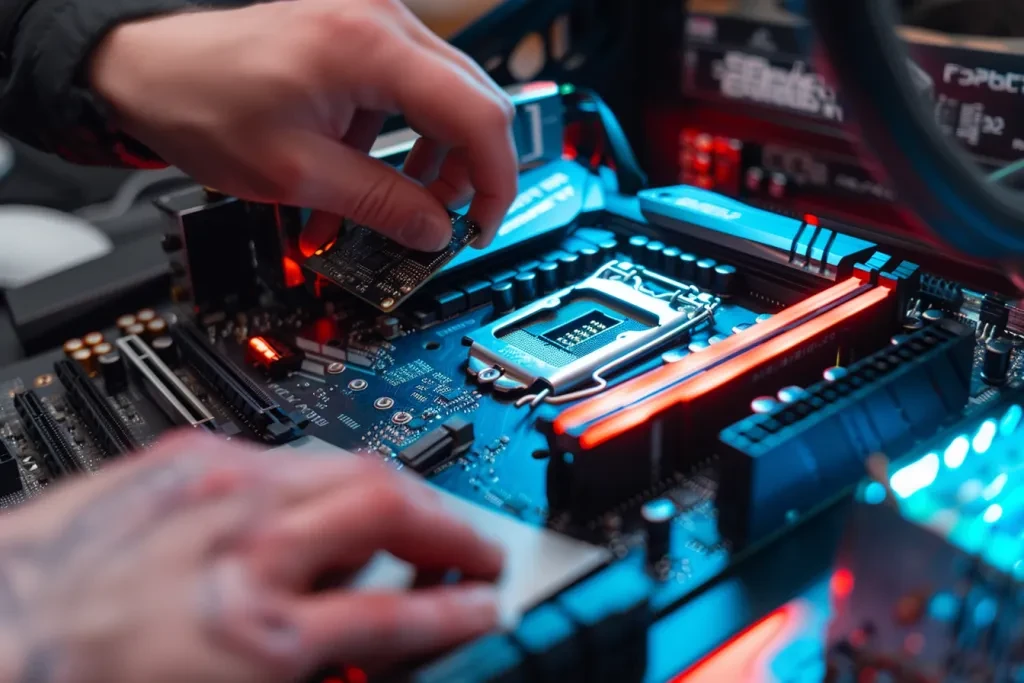 A person's hands delicately placing the central processing unit into a motherboard