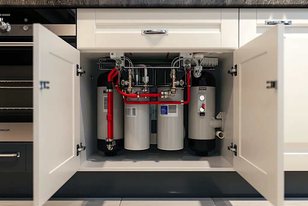 A photo depicts an under sink water filter system in the kitchen