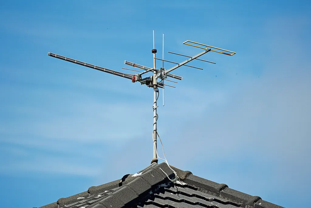 A photo of a remotely controlled television aerial on the roof of a house