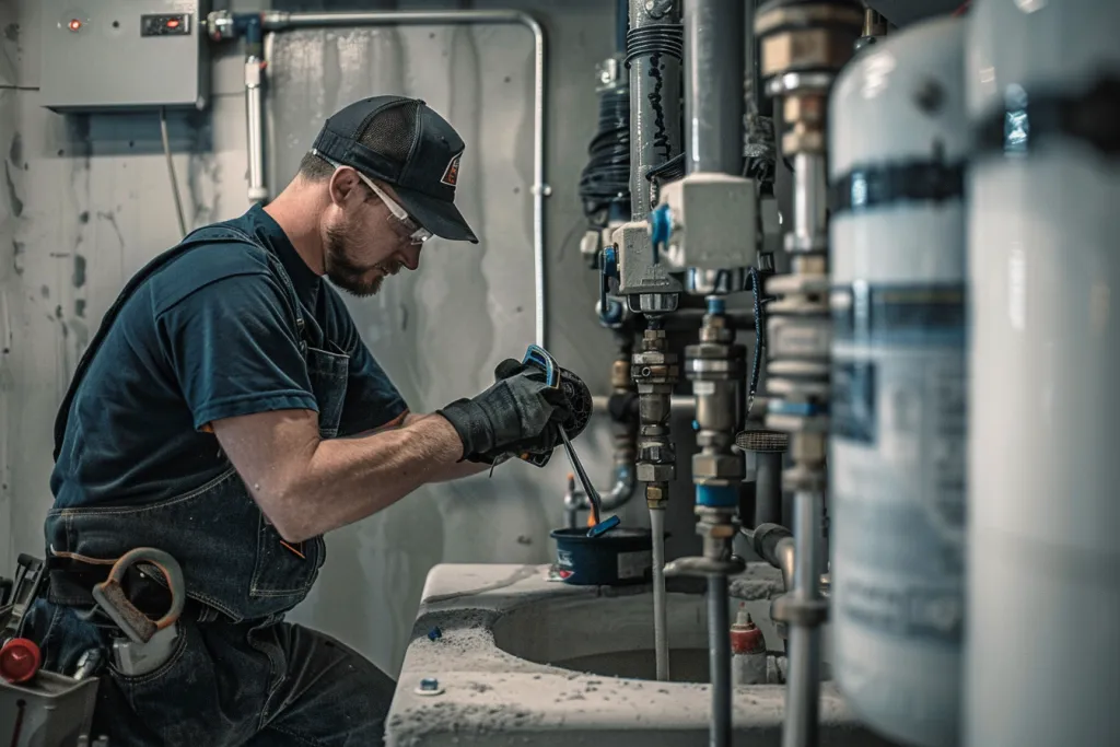 A photo of an American worker repairing the water filter system 