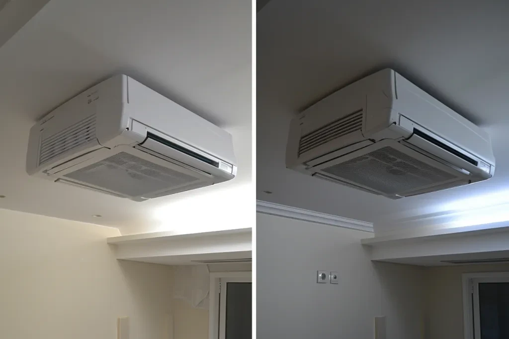 A photo of an air conditioner on the ceiling