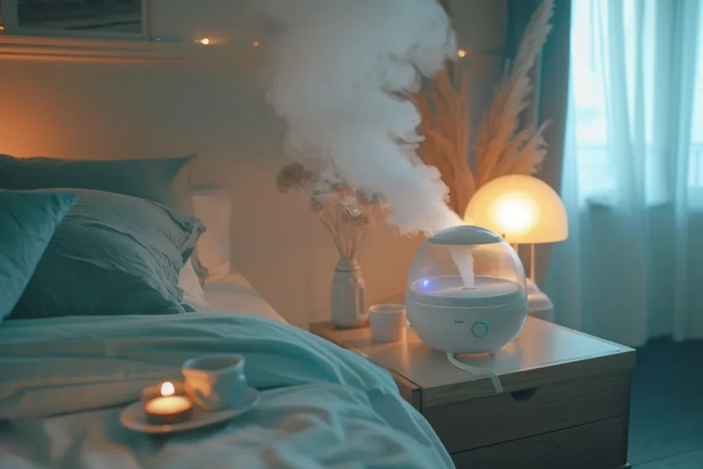 A photo of an air humidifier on the bedside table
